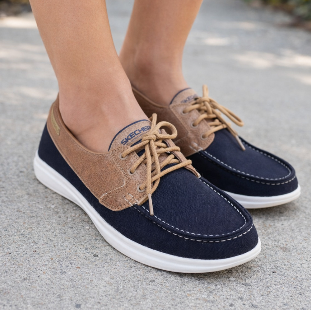 Skechers Women Go Walk Lite Boat Shoes Air Cooled Goga Mat Navy Blue US Size 9W